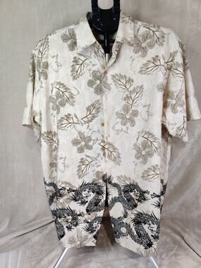 Extreme Gear Neutral Cream Hawaiian Floral Dragon Button Up Men's Shirt Large